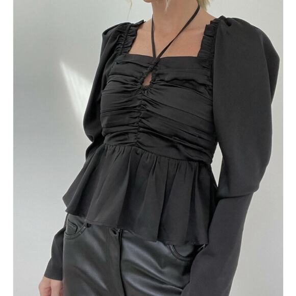 Six/Fifty Women's Size Small Satin Keyhole Blouse Black Ruched Peplum Top - Picture 1 of 11